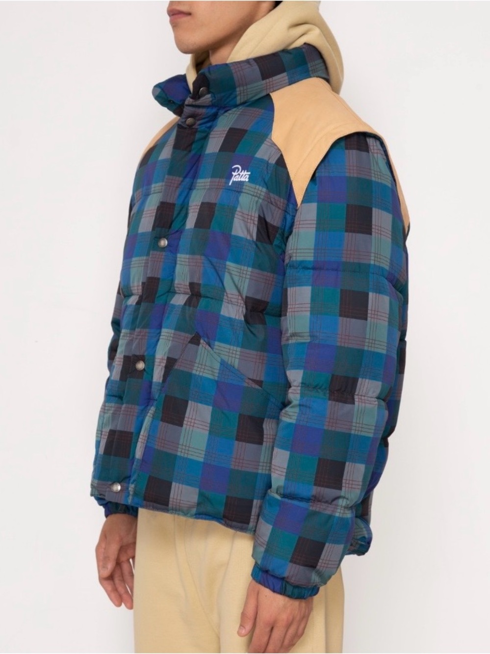 Patta Blue Teal Plaid Puffer Jacket with Tan Shoulder Panels